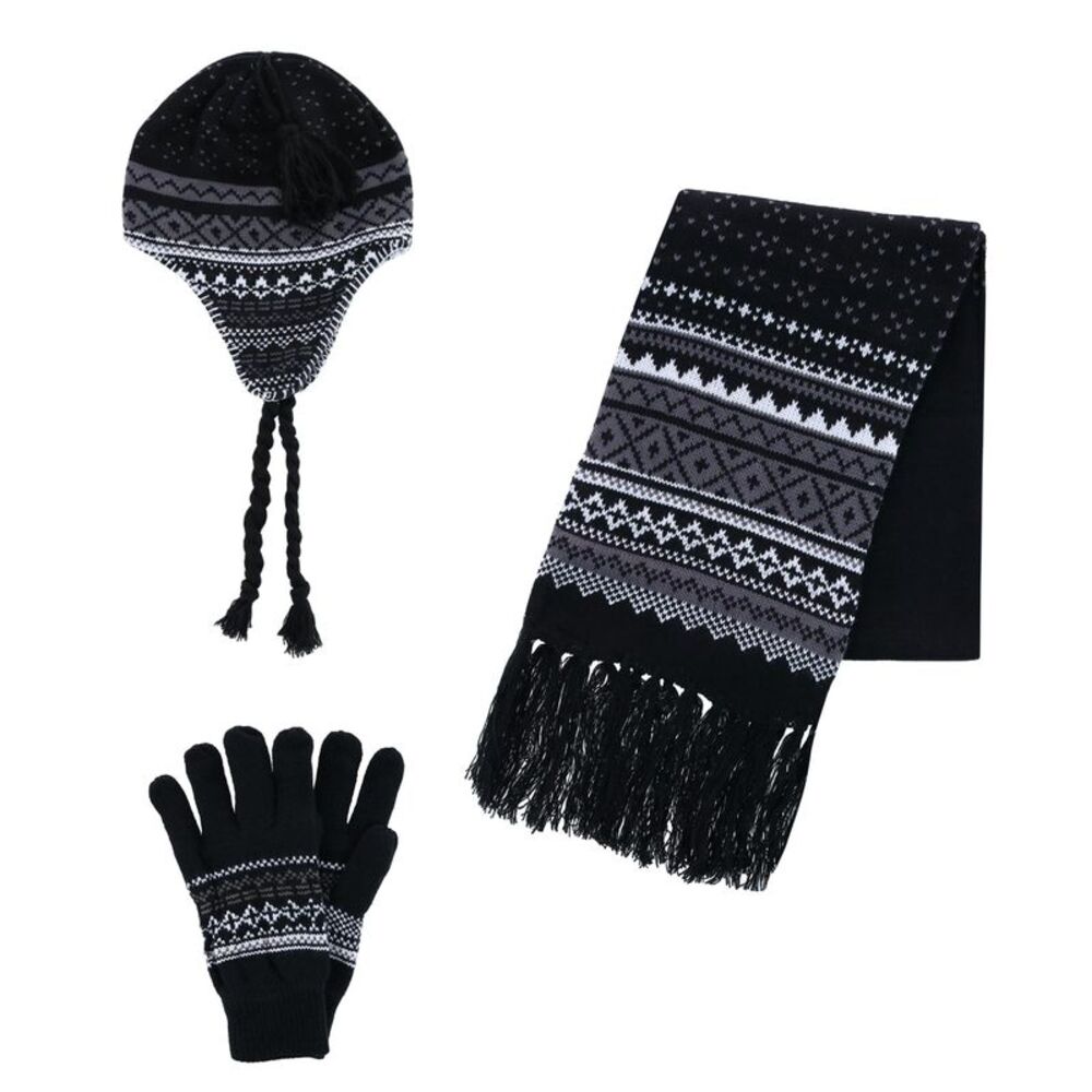 CTM Men's Heavy Knit Winter Pattern Hat Glove and Scarf Set